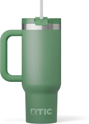 RTIC 30 oz Road Trip Tumbler Double-Walled Insulated Stainless Steel Travel Coffee Mug with Lid, Handle and Straw, Hot and Cold Drink, Portable Thermal Cup for Car, Camping, Spill-Resistant, Sage