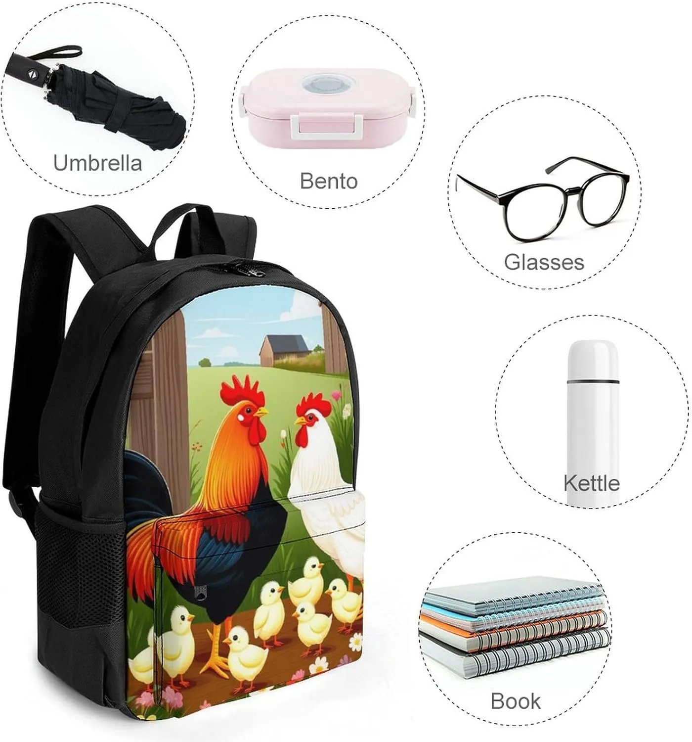 Rucksack Multipurpose Anti-Theft Big Capacity Shoulder Bag - Chicken Rooster Garden Flowers Art Travel Hiking & Camping Rucksack With Side Pockets