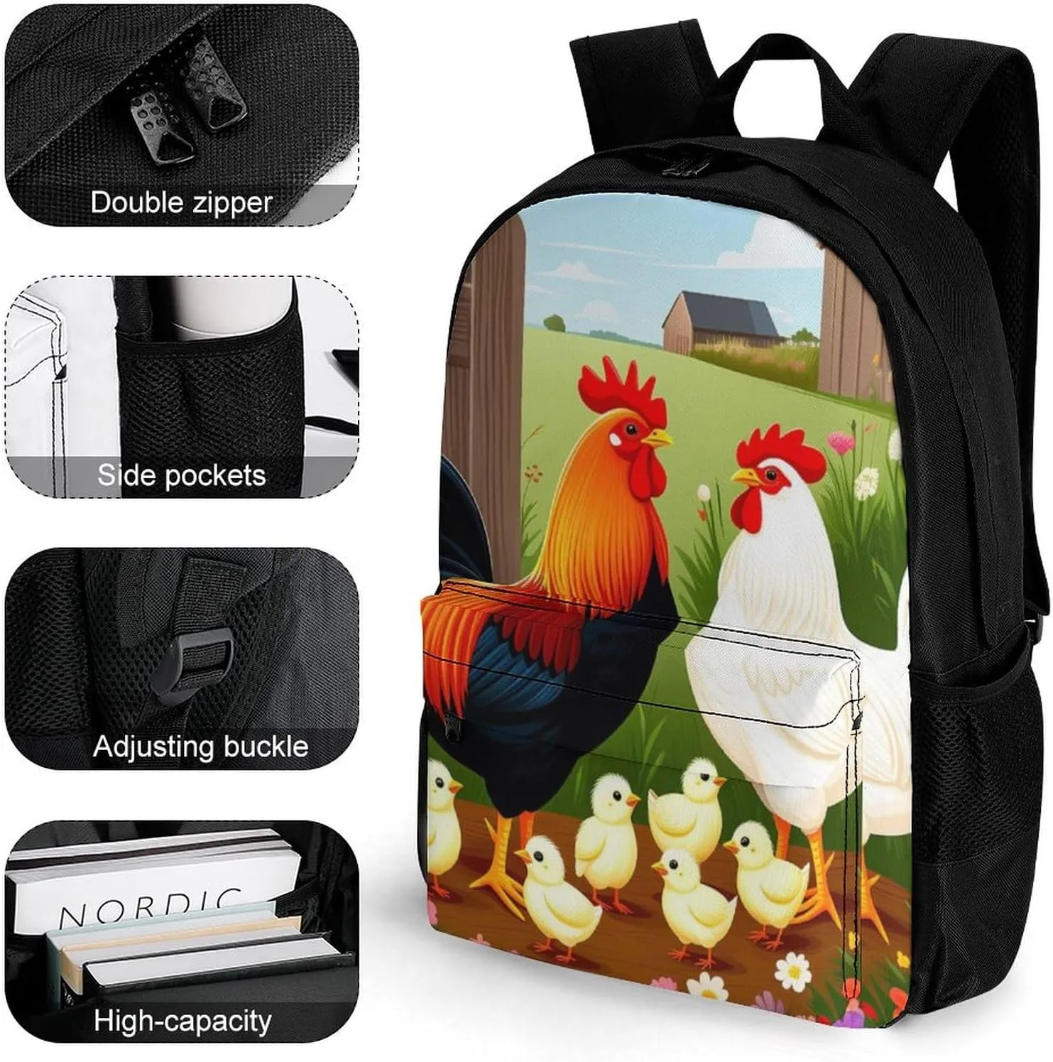 Rucksack Multipurpose Anti-Theft Big Capacity Shoulder Bag - Chicken Rooster Garden Flowers Art Travel Hiking & Camping Rucksack With Side Pockets