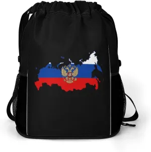 Russian Eagle Map of Russia Fashion Drawstring Backpack Waterproof Swim Gym Bag for Women Men Hiking