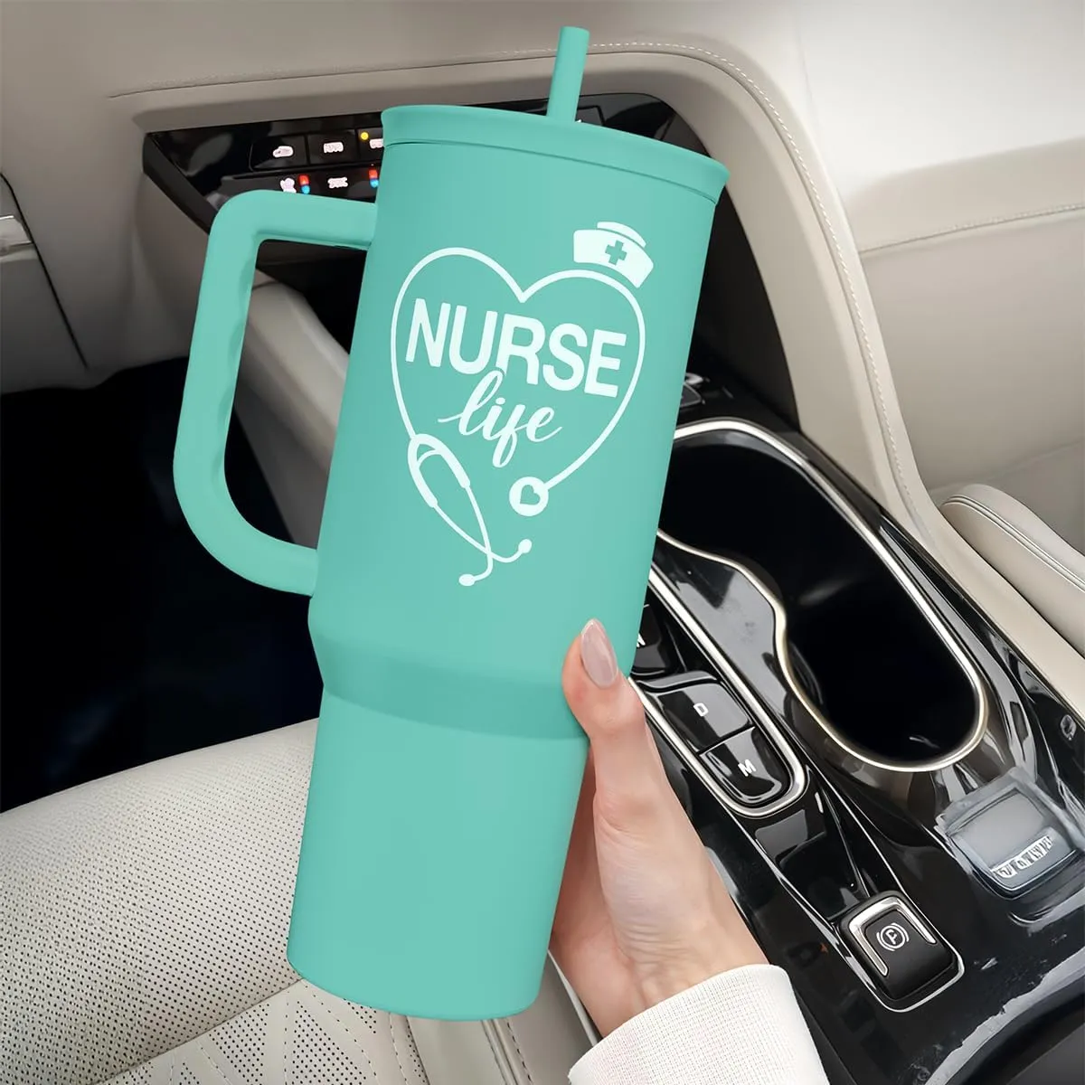 SANDJEST Nurse Gift Tumbler 40oz with Handle and Straw – Nutrition Facts Insulated Stainless Steel Travel Coffee Mug for Nursing Friends - Gifts for Nurse Week, Appreciation, Birthday, Christmas
