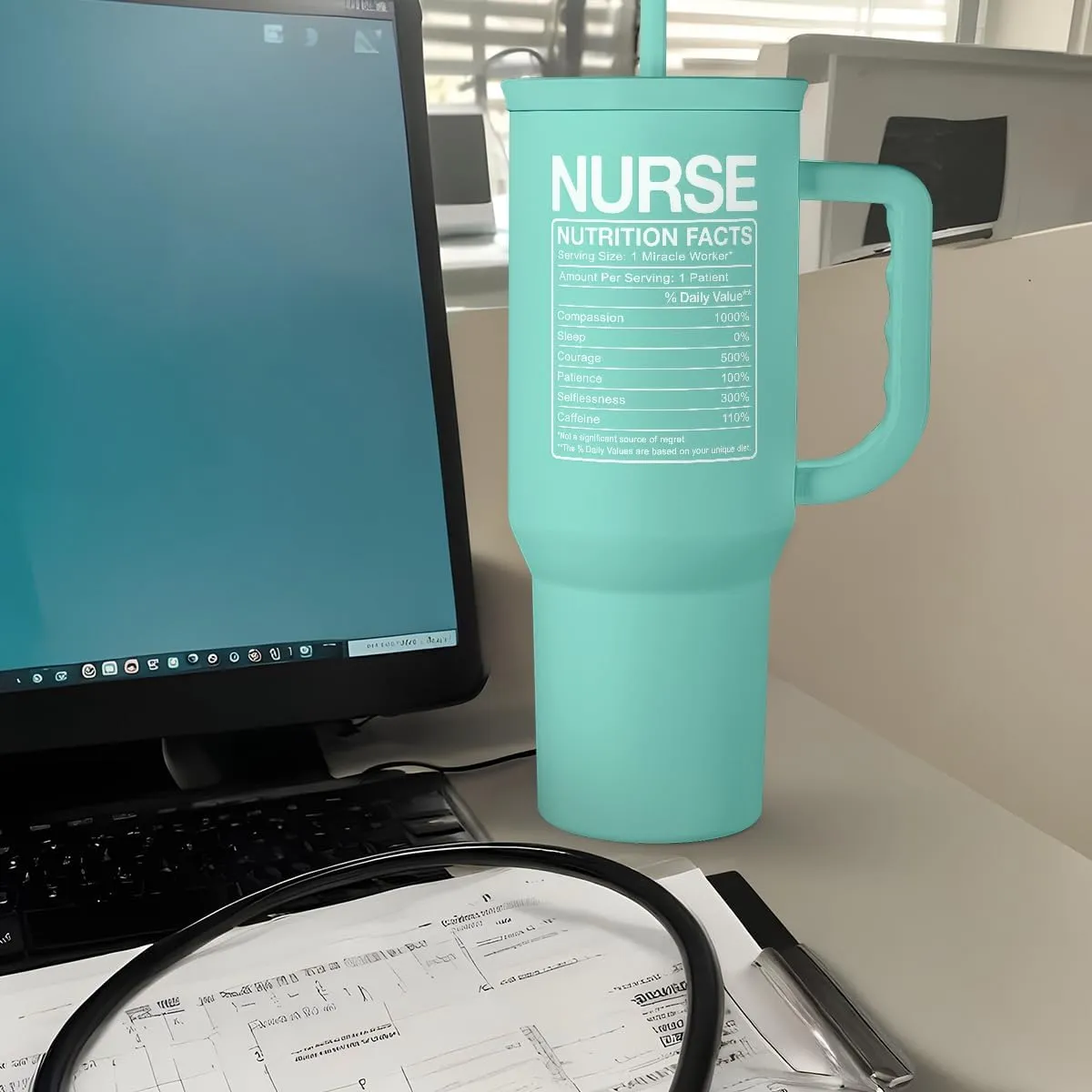 SANDJEST Nurse Gift Tumbler 40oz with Handle and Straw – Nutrition Facts Insulated Stainless Steel Travel Coffee Mug for Nursing Friends - Gifts for Nurse Week, Appreciation, Birthday, Christmas