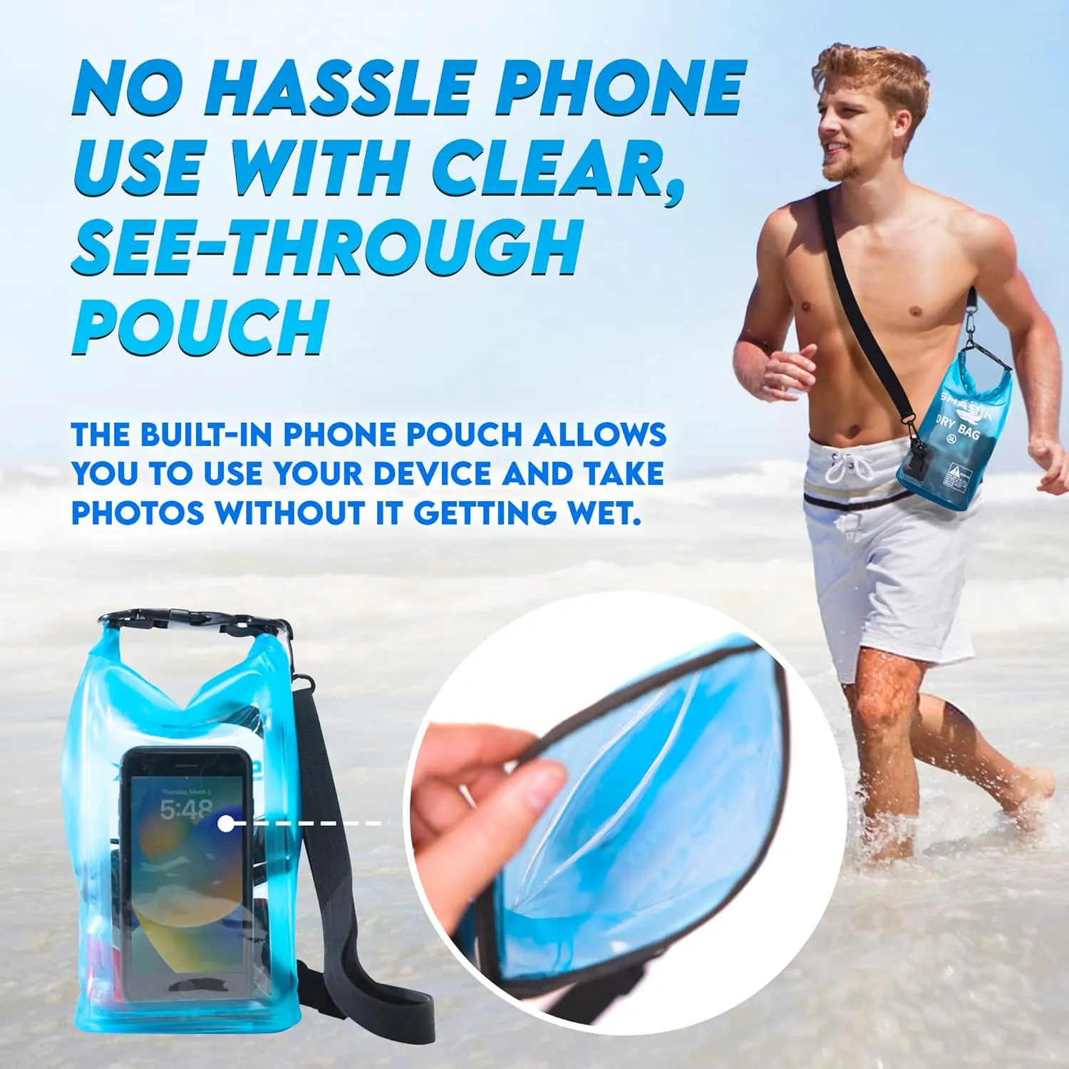 SandShark 3L Waterproof Dry Bag - Beach Bag with Clear Phone Case Pouch, Roll Top Sack for Boating, Rafting, Hiking, Camping, Fishing - Travel Essentials, Boat, Kayak Accessories (3L)