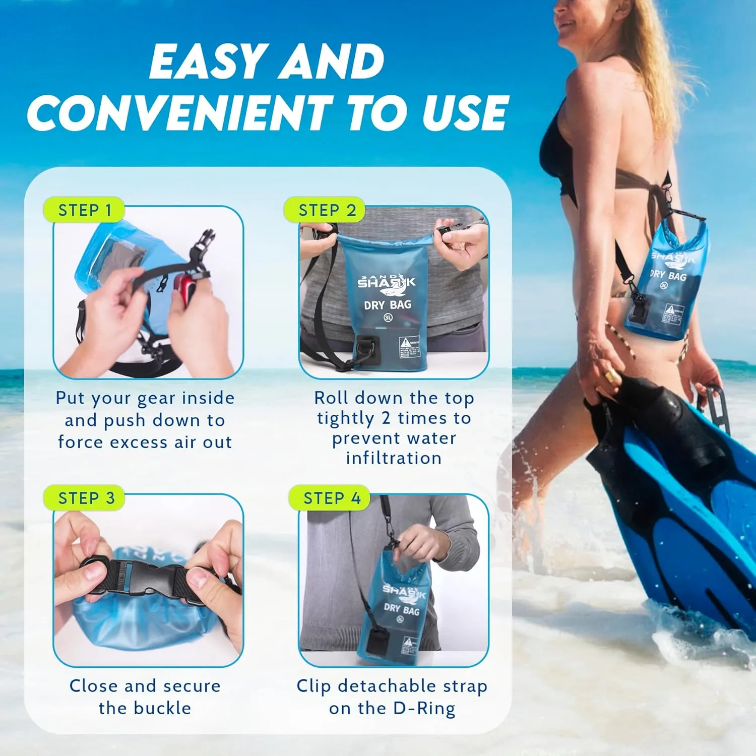 SandShark 3L Waterproof Dry Bag - Beach Bag with Clear Phone Case Pouch, Roll Top Sack for Boating, Rafting, Hiking, Camping, Fishing - Travel Essentials, Boat, Kayak Accessories (3L)
