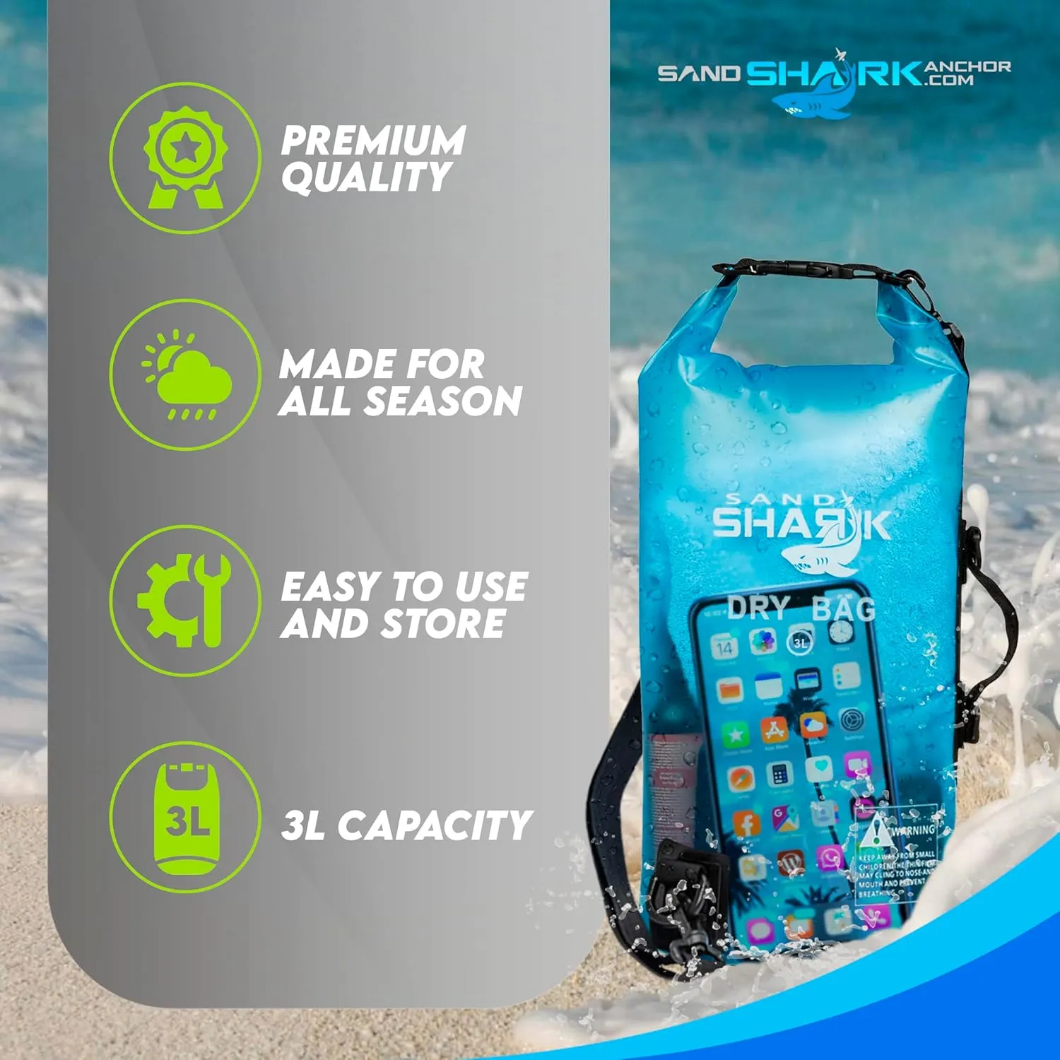 SandShark 3L Waterproof Dry Bag - Beach Bag with Clear Phone Case Pouch, Roll Top Sack for Boating, Rafting, Hiking, Camping, Fishing - Travel Essentials, Boat, Kayak Accessories (3L)