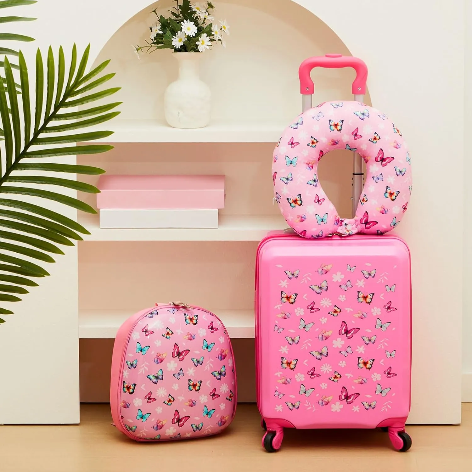 Sanwuta 4 Pcs Kids Luggage Set Kids Backpack Travel Rolling Suitcase with Wheels U-shape Pillow Childrens Gift for Girls Boys(17 Inch,Butterfly Style,Rose Pink)