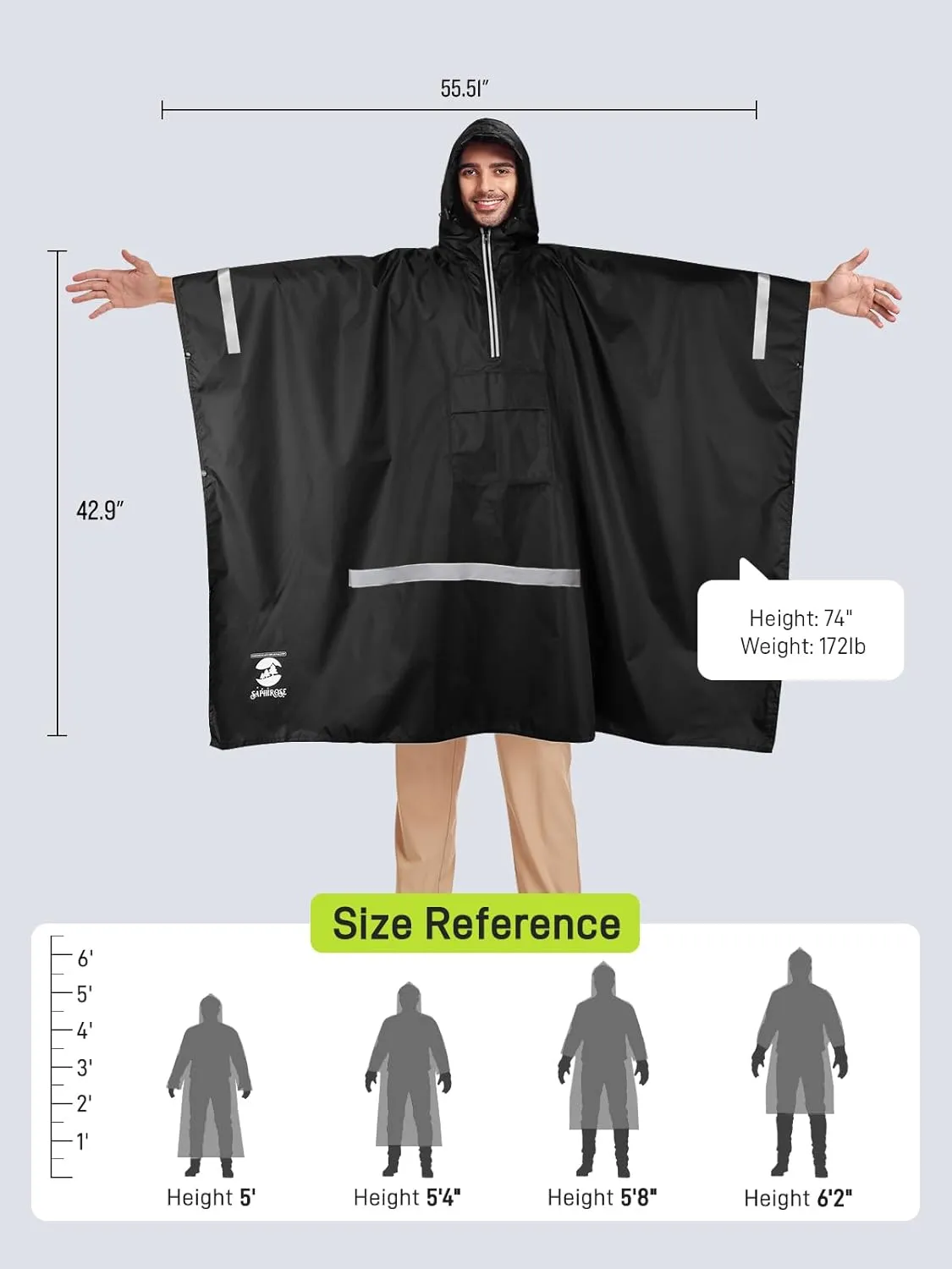 SaphiRose Hooded Rain Poncho Waterproof Raincoat Jacket for Men Women Adults