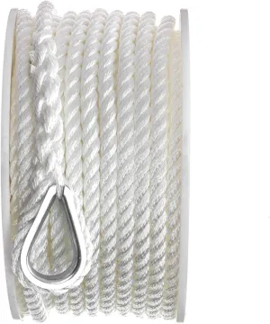 Seachoice Anchor Line Rope, 3-Strand Twisted, White, Nylon