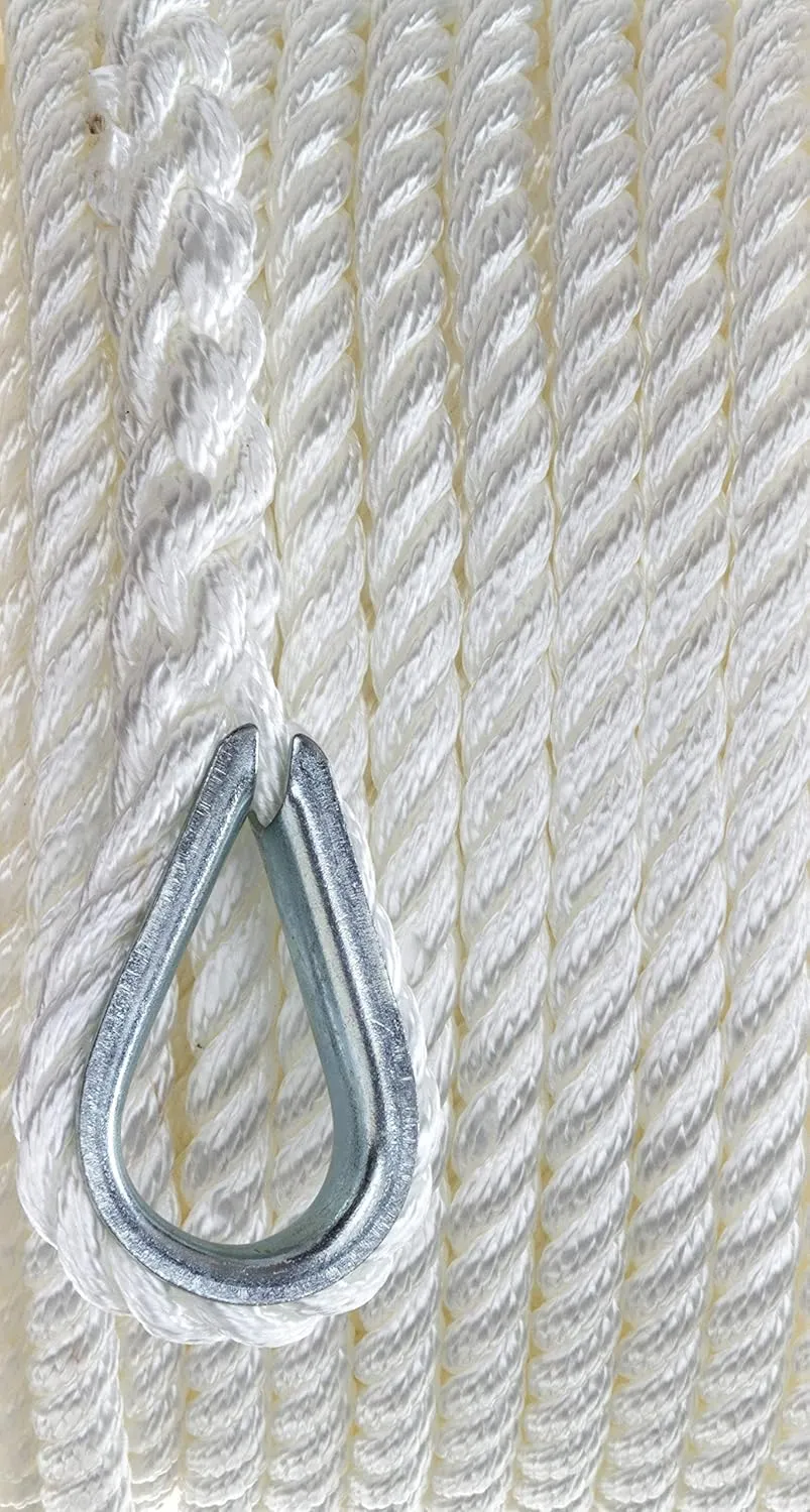 Seachoice Anchor Line Rope, 3-Strand Twisted, White, Nylon