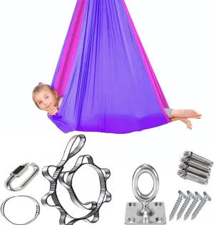 Sensory Swing For Kids Adults Yoga Swings For Indoor Use 360° Swivel Double Layer Hammock For Bedroom Sturdy Strong-Bearing Soft Nylon Elastic Hammock ( Color : Purple- rose red , Size : 230x150cm )