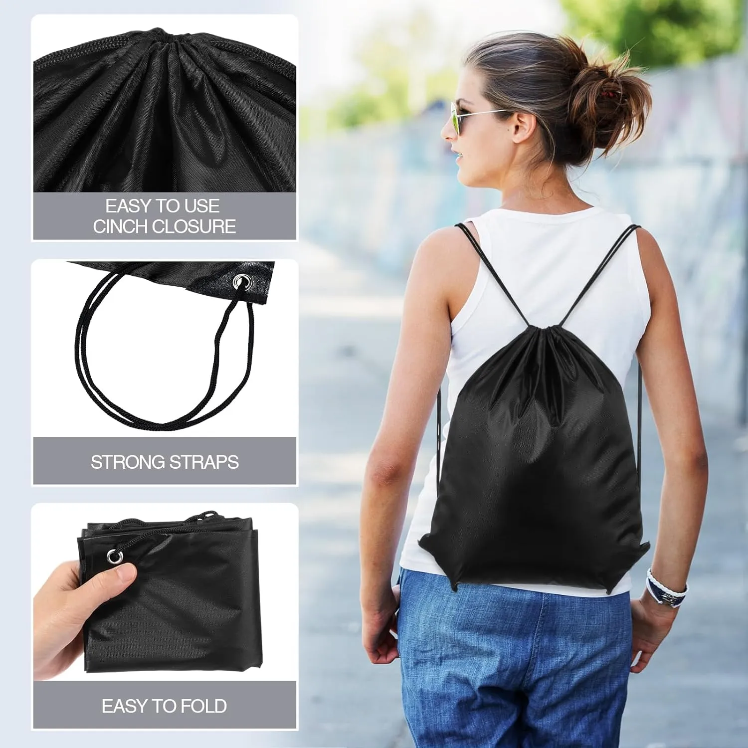 Shappy 150 Pcs Drawstring Backpack Bulk Sports Gym Cinch Bag Polyester String Bag for Men Women(Black)