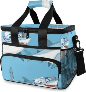 Shark Cartoon Light Blue Ocean Cooler Bag Insulated Cooler Soft Sided Cooler 24 Can Portable Picnic Bag Large Leakproof Lunch Bag Box for Beach Grocery Camping Travel Car Men Women