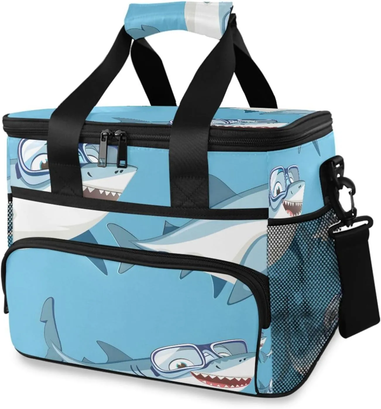 Shark Cartoon Light Blue Ocean Cooler Bag Insulated Cooler Soft Sided Cooler 24 Can Portable Picnic Bag Large Leakproof Lunch Bag Box for Beach Grocery Camping Travel Car Men Women