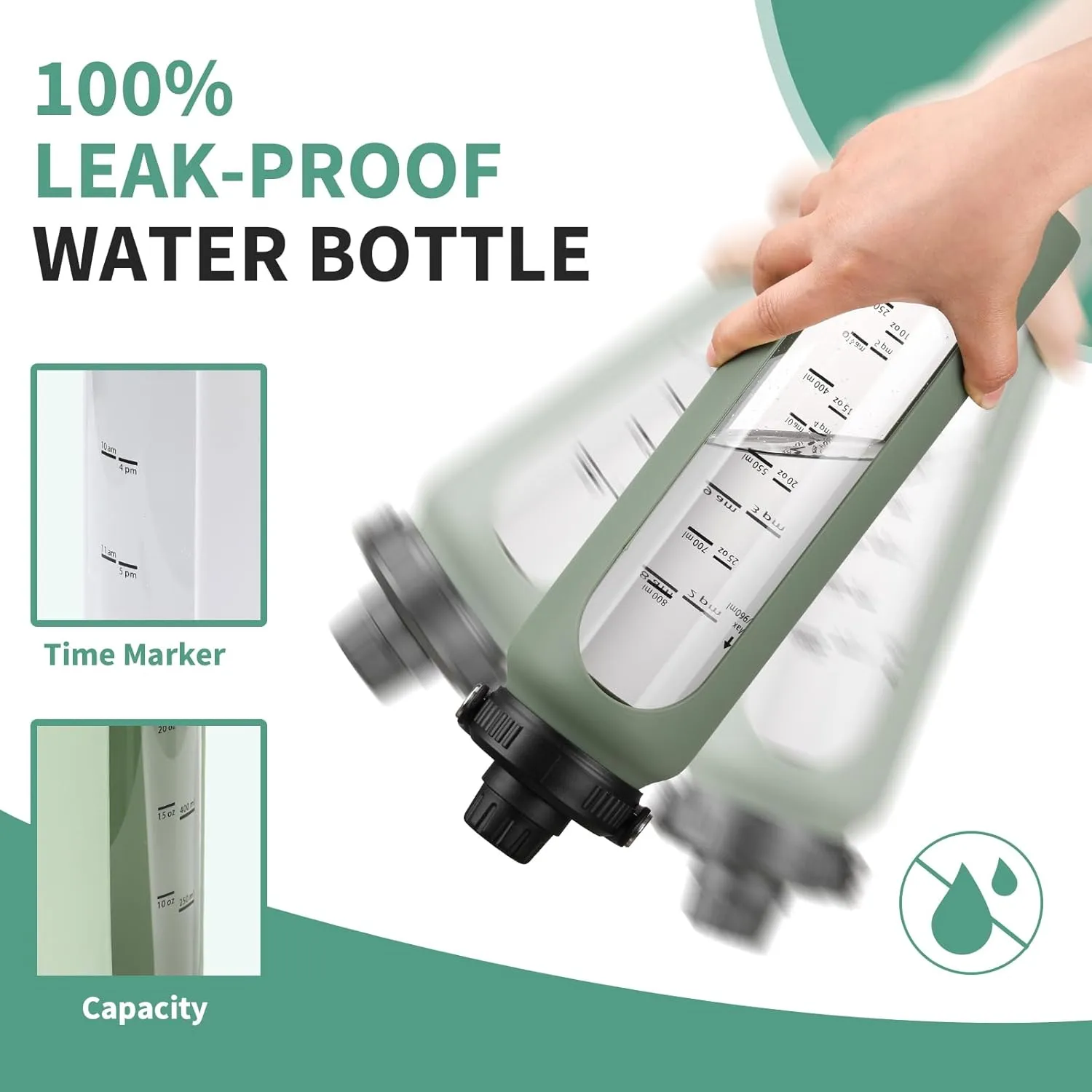SIEROZUR 32 oz Glass Water Bottles with 2 Lids-Handle Spout Lid & Straw Lid 1 Liter Motivational Borosilicate Water Bottle with Silicone Sleeve and Time Marker,Leakproof