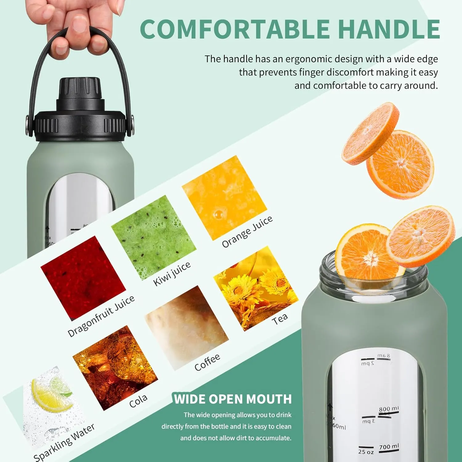 SIEROZUR 32 oz Glass Water Bottles with 2 Lids-Handle Spout Lid & Straw Lid 1 Liter Motivational Borosilicate Water Bottle with Silicone Sleeve and Time Marker,Leakproof