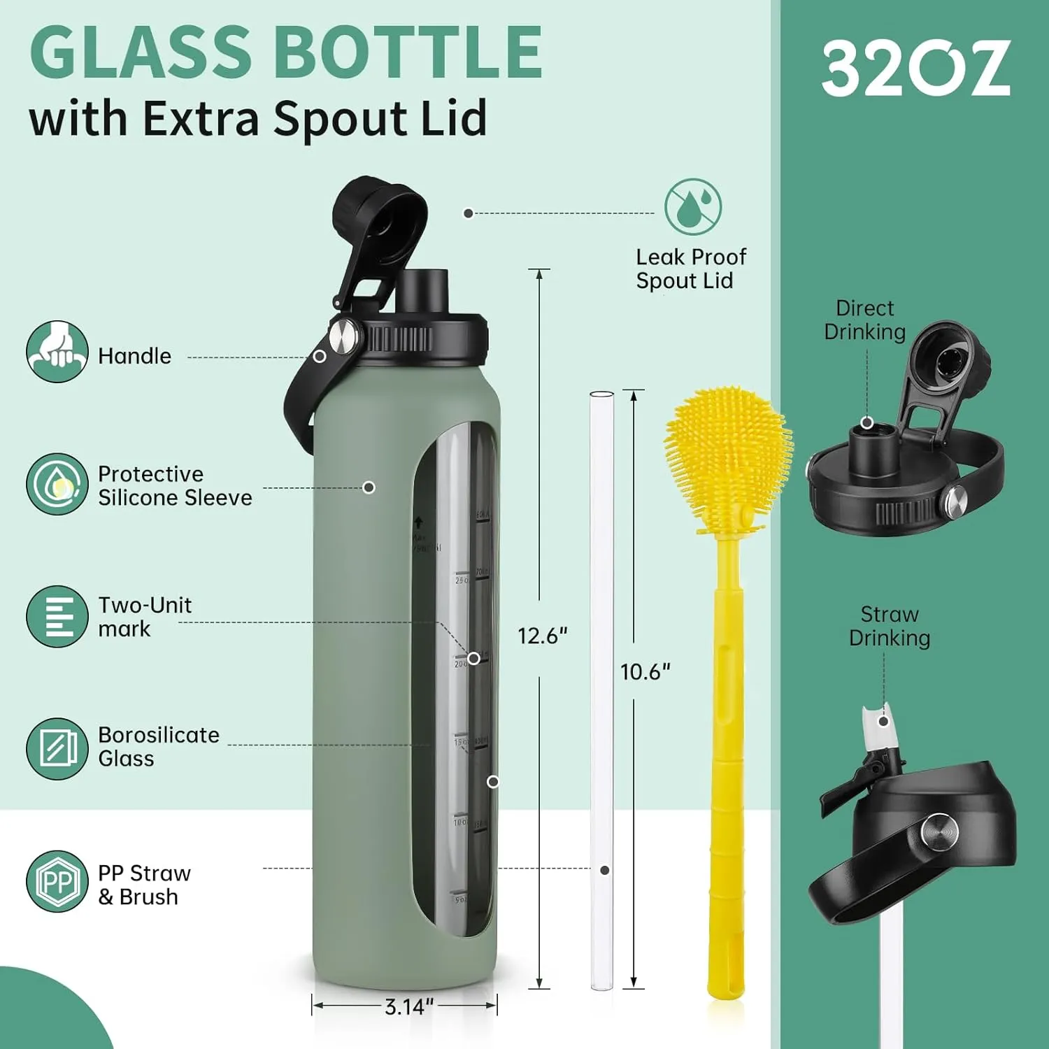 SIEROZUR 32 oz Glass Water Bottles with 2 Lids-Handle Spout Lid & Straw Lid 1 Liter Motivational Borosilicate Water Bottle with Silicone Sleeve and Time Marker,Leakproof