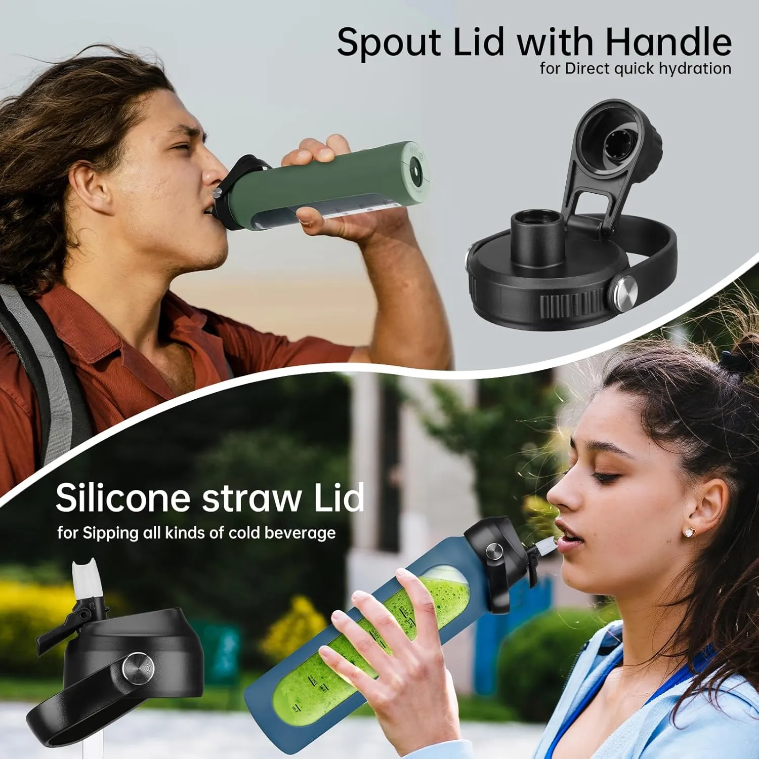 SIEROZUR 32 oz Glass Water Bottles with 2 Lids-Handle Spout Lid & Straw Lid 1 Liter Motivational Borosilicate Water Bottle with Silicone Sleeve and Time Marker,Leakproof