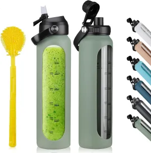 SIEROZUR 32 oz Glass Water Bottles with 2 Lids-Handle Spout Lid & Straw Lid 1 Liter Motivational Borosilicate Water Bottle with Silicone Sleeve and Time Marker,Leakproof