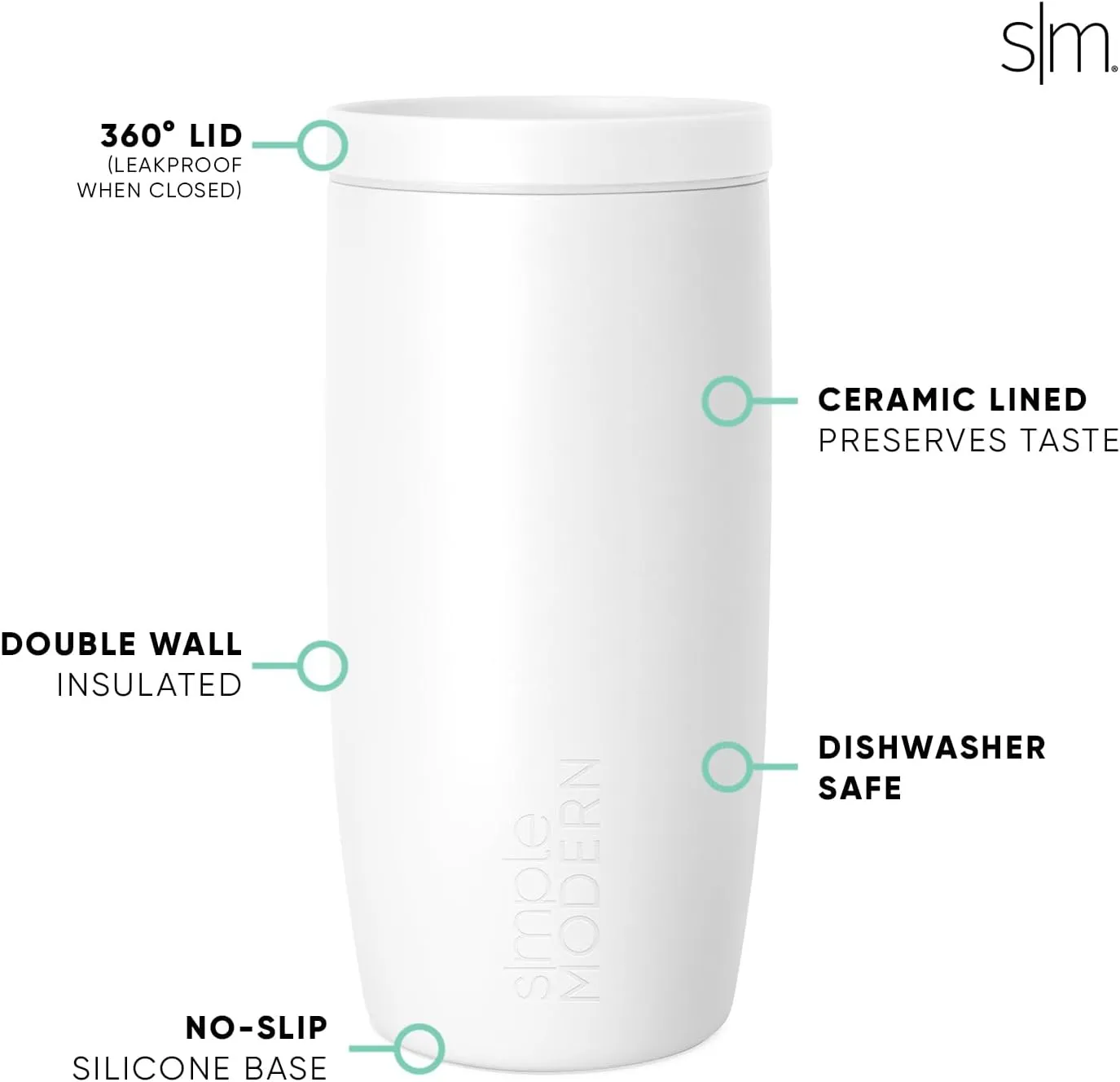 Simple Modern Travel Coffee Mug Tumbler with 360° Lid | Ceramic-Lined Insulated Stainless Steel Cold Brew Iced Coffee Cup Thermos | Gift for Women Men Her Him | Voyager Signature | 16oz | Winter White