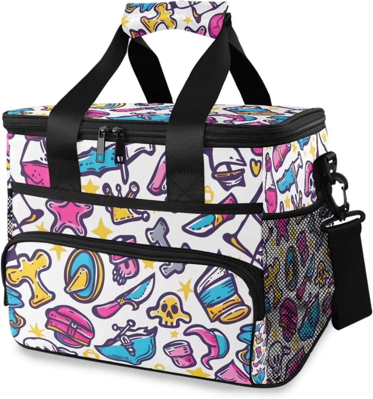 Skull Skeleton Anchor Doodle Cooler Bag Insulated Cooler Soft Sided Cooler 24 Can Portable Picnic Bag Large Leakproof Lunch Bag Box for Beach Grocery Camping Travel Car Men Women