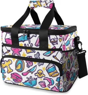 Skull Skeleton Anchor Doodle Cooler Bag Insulated Cooler Soft Sided Cooler 24 Can Portable Picnic Bag Large Leakproof Lunch Bag Box for Beach Grocery Camping Travel Car Men Women