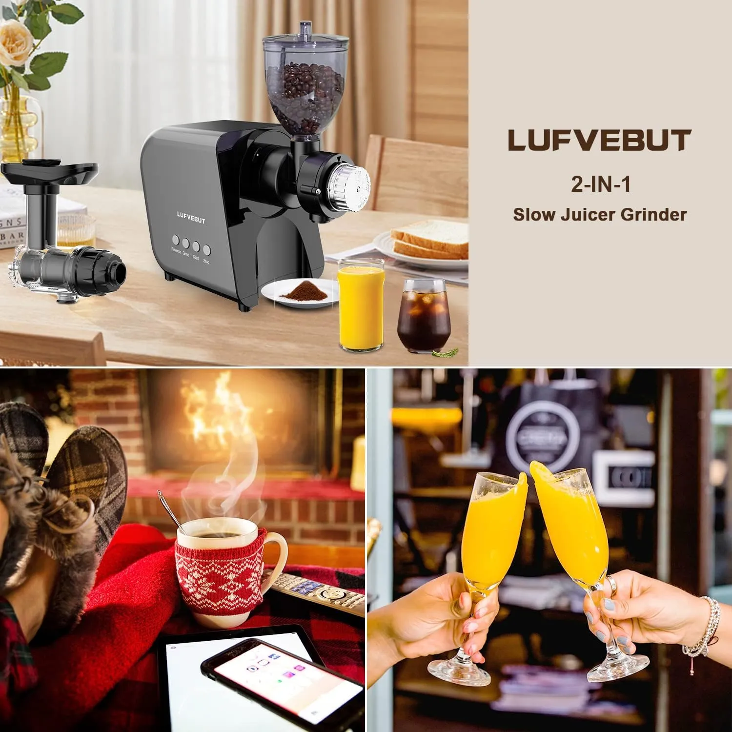 Slow Juicer Extractor for Fruits and Veggies, 250W Electric Coffee Grinder, Cold Press Masticating Juicer Machines with Juice Separation Reverse Function BPA Free, for Carrots Ginger Beets Wheat Grass