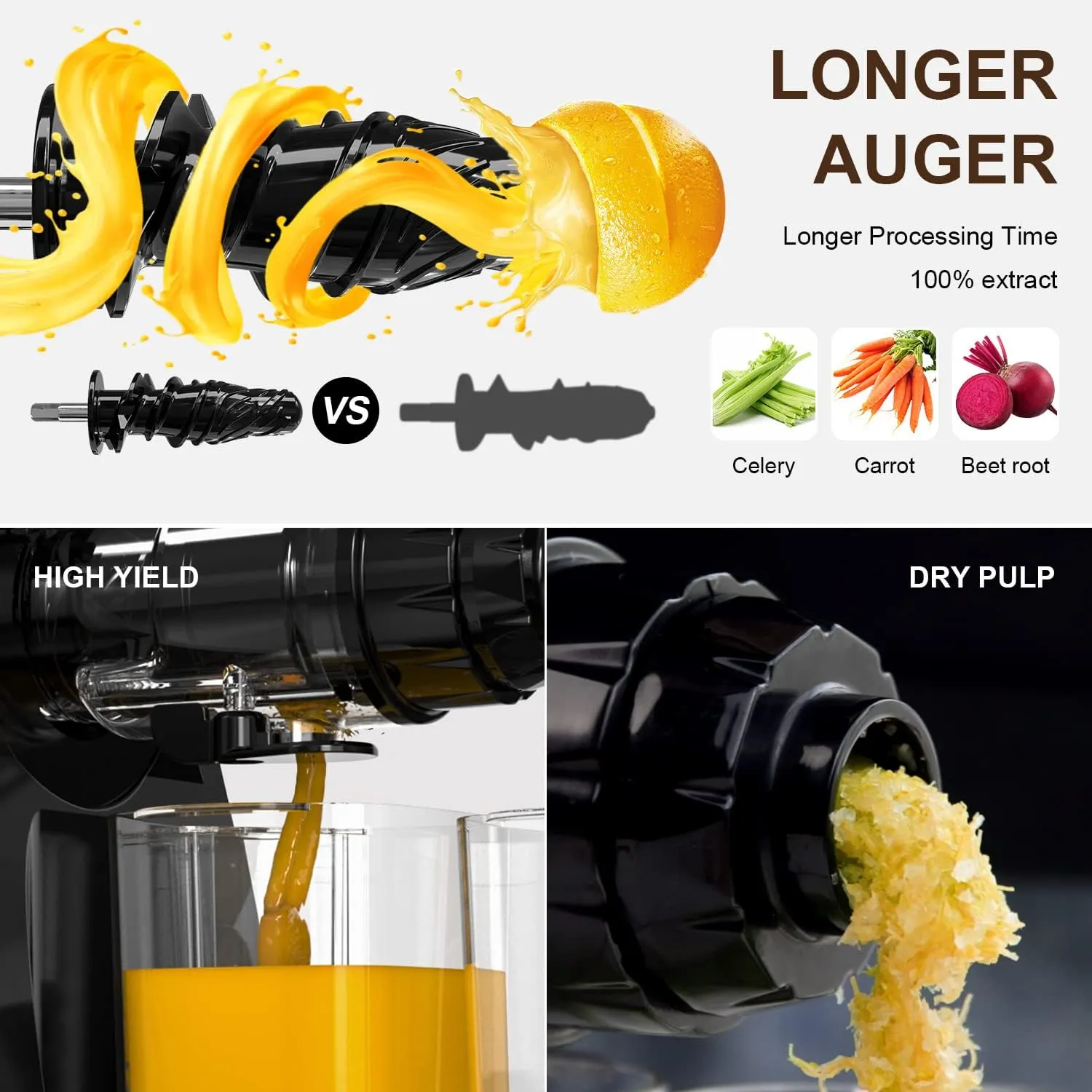 Slow Juicer Extractor for Fruits and Veggies, 250W Electric Coffee Grinder, Cold Press Masticating Juicer Machines with Juice Separation Reverse Function BPA Free, for Carrots Ginger Beets Wheat Grass