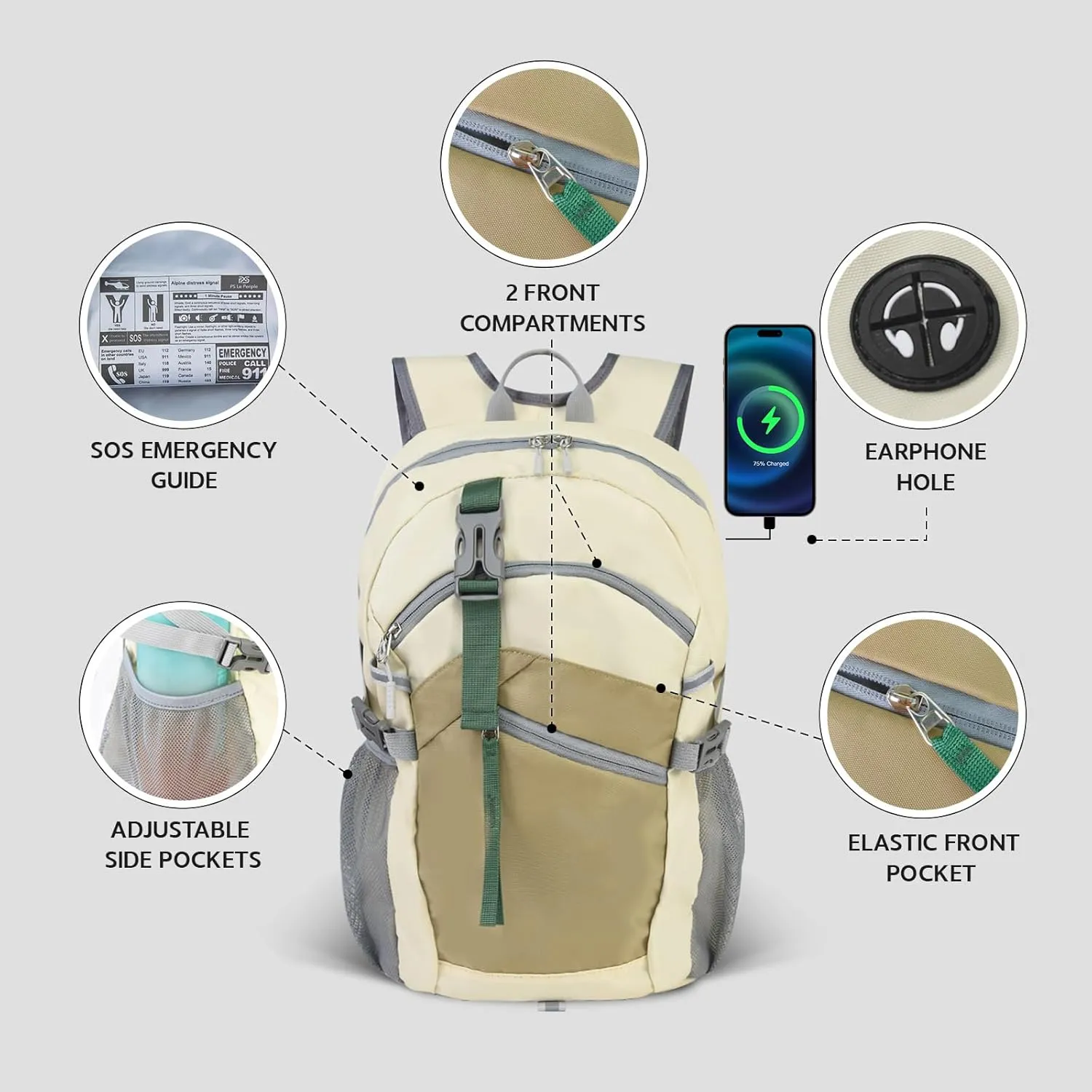Small Hiking Backpack, 20L Lightweight Travel Backpack with Phone Pocket, Hiking Daypack for Women Men,Beige