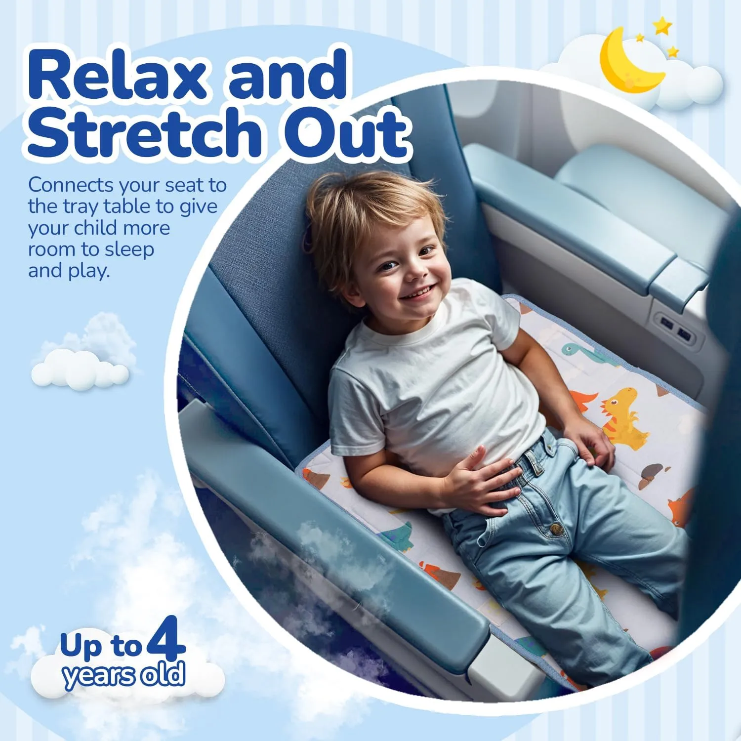 Snoozy Toddler Airplane Seat Extender - Airplane Must Haves for Kids, Airplane Seat Extender for Kids, with Carry Bag, Toddler Travel Essential, Airplane Travel Essentials Kids, (Dinosaur Blue)