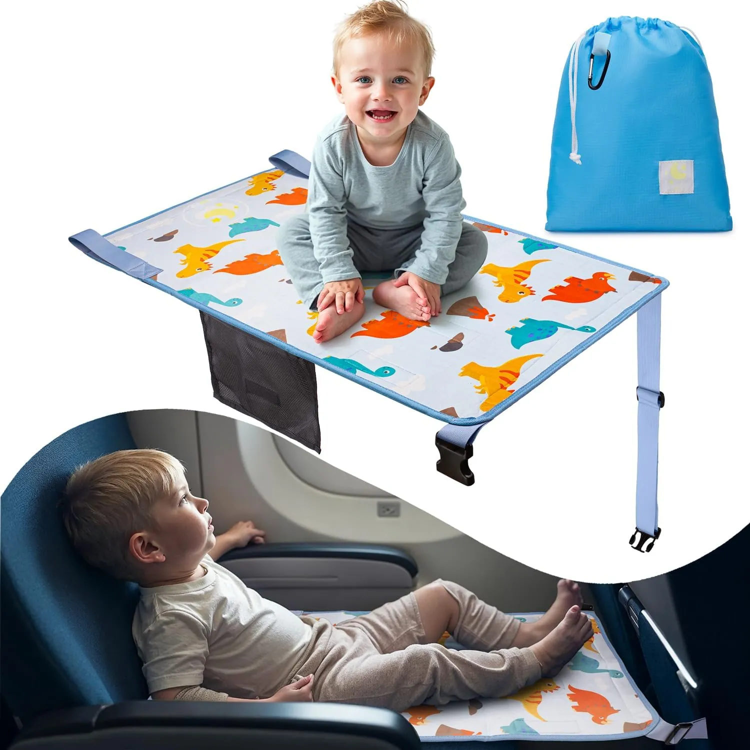 Snoozy Toddler Airplane Seat Extender - Airplane Must Haves for Kids, Airplane Seat Extender for Kids, with Carry Bag, Toddler Travel Essential, Airplane Travel Essentials Kids, (Dinosaur Blue)