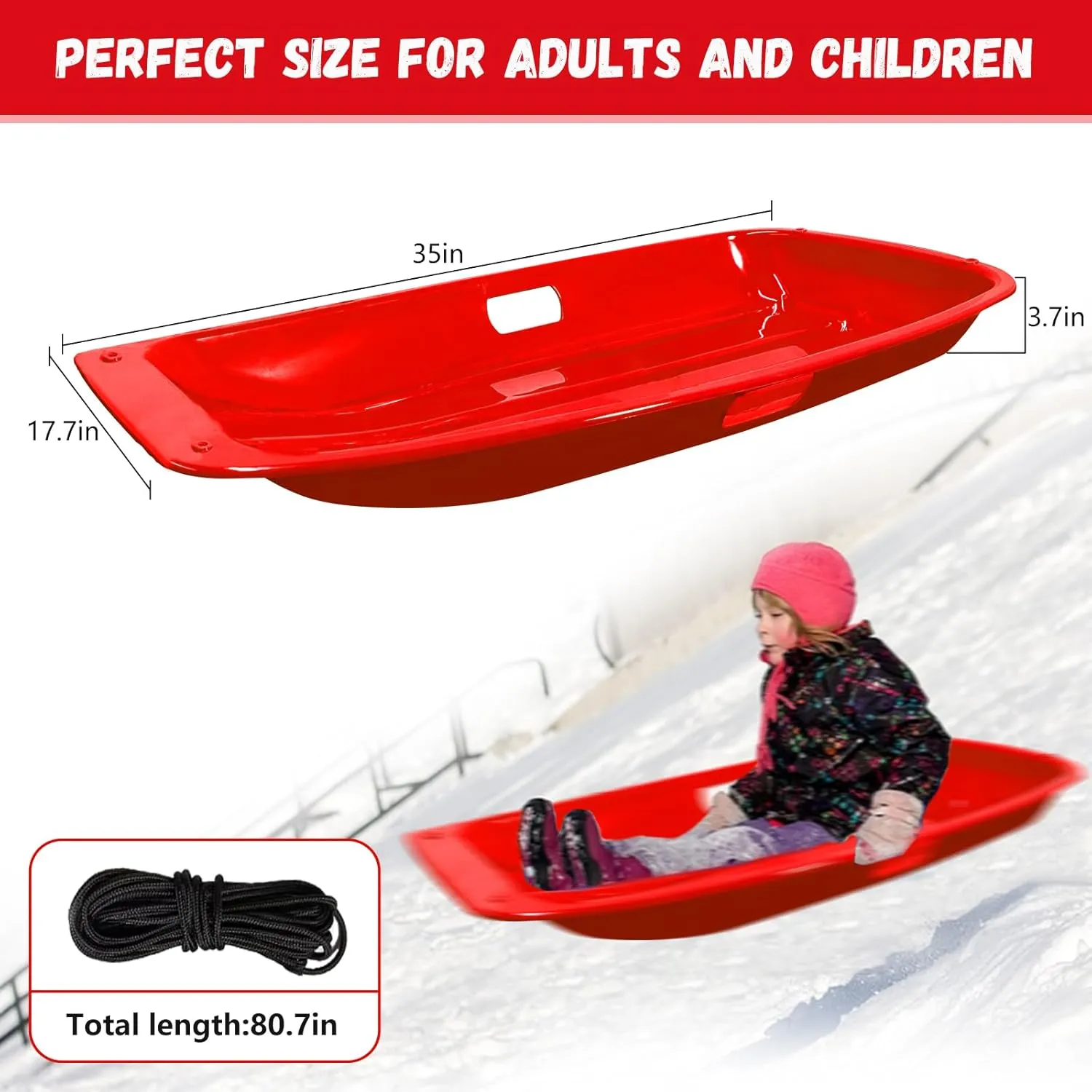Snow Sled,Classical Plastics Snow Sled for Kid and Adult with Handles and Ropes 1-2 Rider for Winter Skiing Snowboard Outdoor Sledding Gift 35"