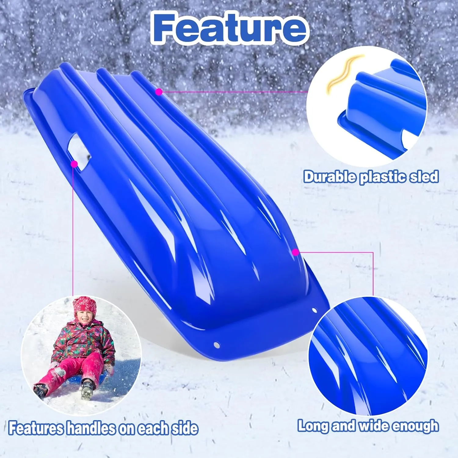 Snow Sled,Classical Plastics Snow Sled for Kid and Adult with Handles and Ropes 1-2 Rider for Winter Skiing Snowboard Outdoor Sledding Gift 35"