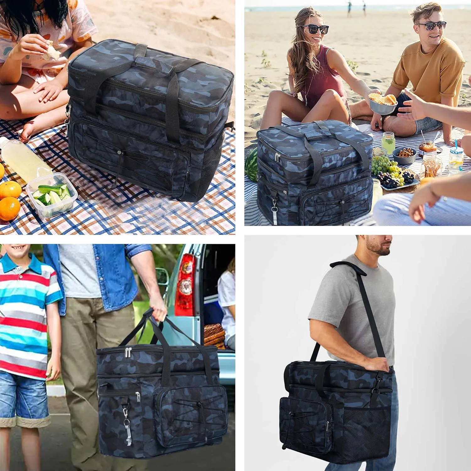 Soft Collapsible Insulated Sided Cooler - 60 Can Large Leakproof Picnic Beach Meal Prep Portable Travel Cooler for Shopping, Kayaking, Road Trips