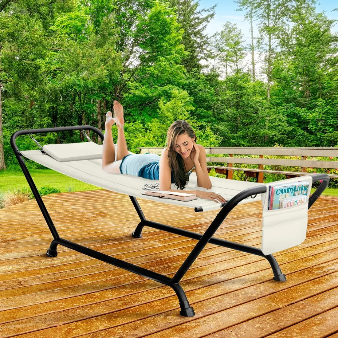 Sorbus Cozy Hammock Bed- Patio Hammock with Stand w/Pillow and Storage Pockets- Heavy Duty 500lbs Support- Durable Outdoor Hammock- For Patio, Garden, Backyard, Poolside- Weather Resistant Outdoor Bed