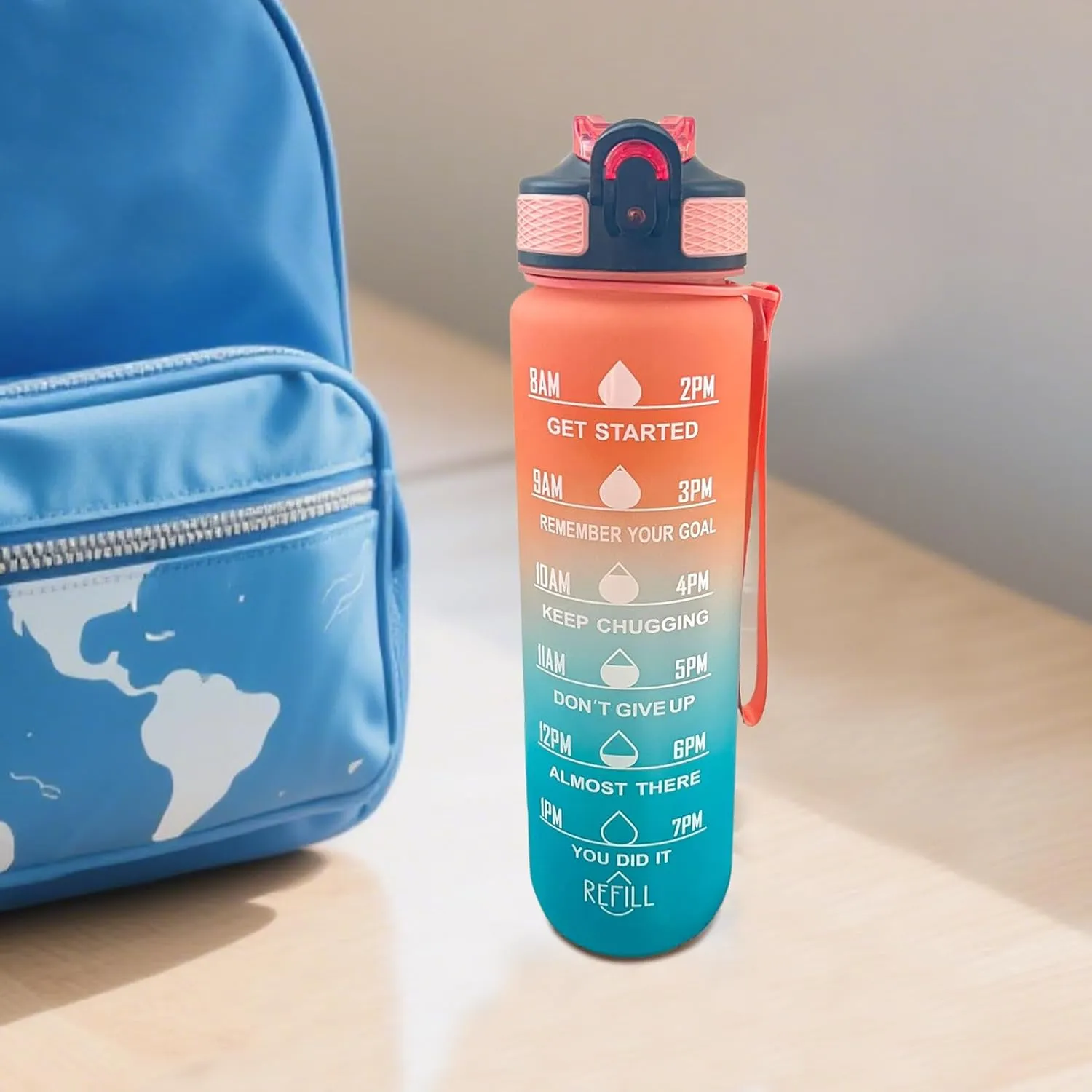 Sports Water Bottle, 1L Drinking Water Bottle with Carrying Strap, Leakproof Drinking Container for Kids School Fitness Gym Yoga Travel Outdoor Sports