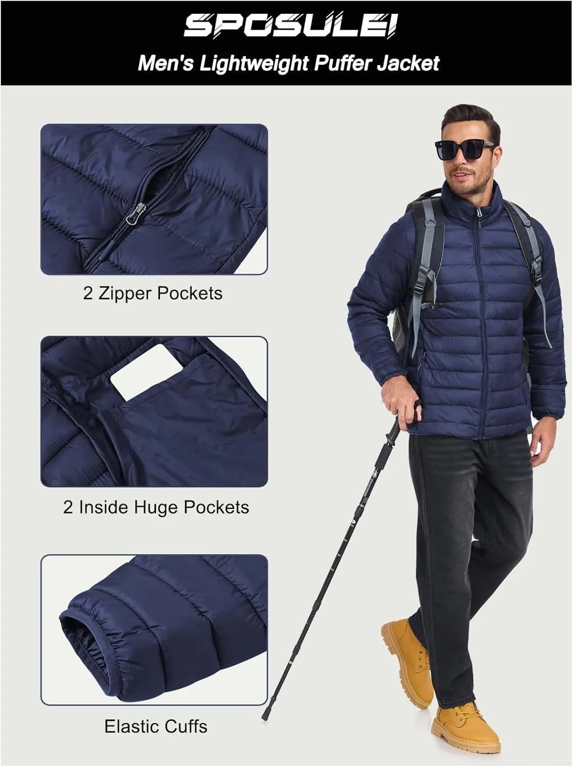 SPOSULEI Men Puffer Down Jacket Packable Lightweight Winter Jackets Coats Outdoor Waterproof Insulated Jackets