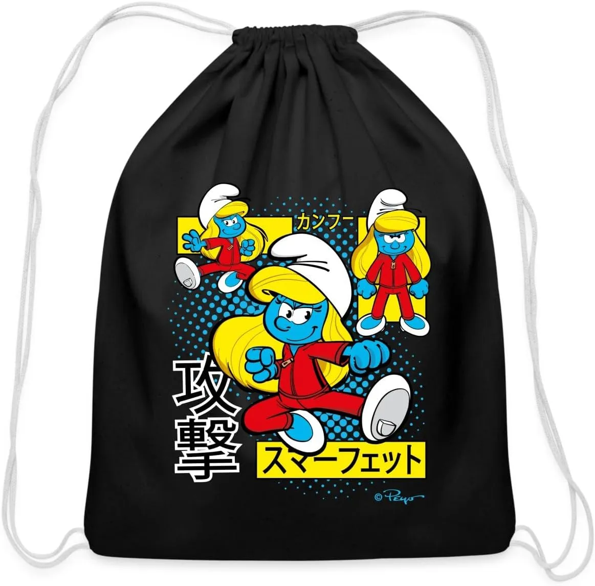 Spreadshirt The Smurfs Japanese Action Smurfette - Dynamic Poses Design Cotton Drawstring Bag, One Size, black
