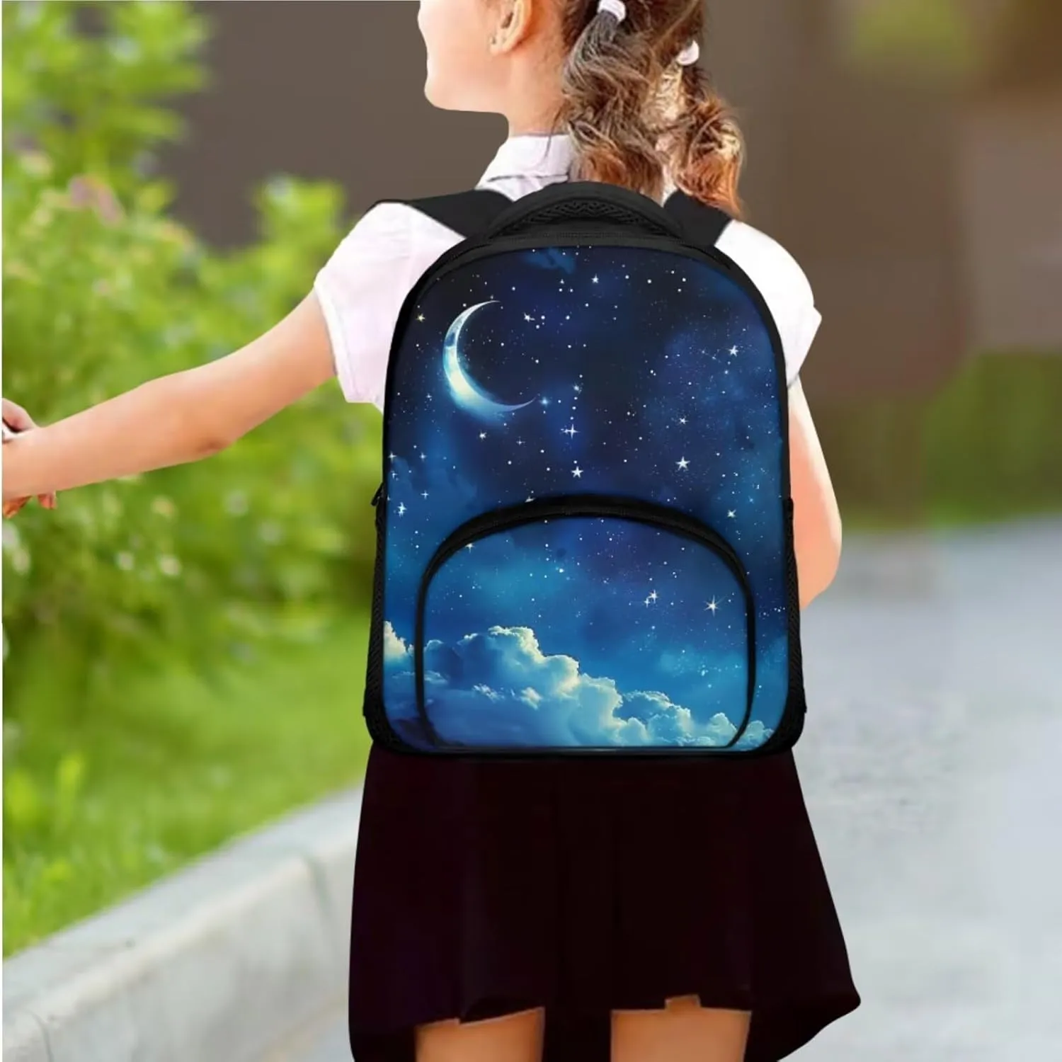 Starry Night School Bag Set for Girls Moon Printed Kids Backpack Set with Insulated Lunch Box Cute Pencil Case Cute Backpack Knapsack Travel Daypack Shoulder Bags for Toddlers
