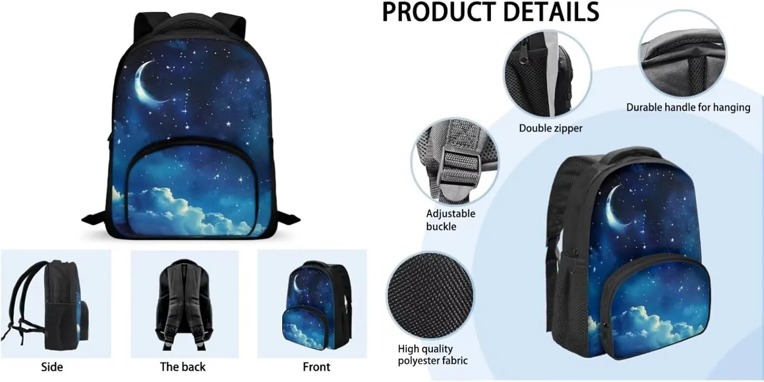 Starry Night School Bag Set for Girls Moon Printed Kids Backpack Set with Insulated Lunch Box Cute Pencil Case Cute Backpack Knapsack Travel Daypack Shoulder Bags for Toddlers