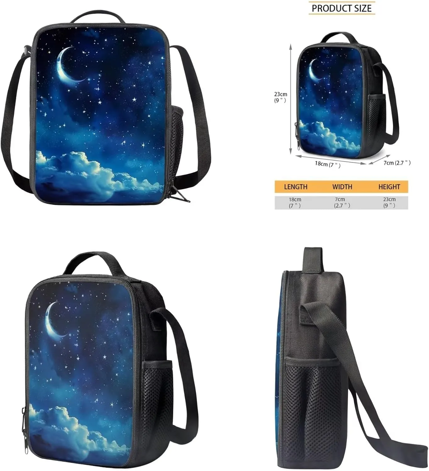 Starry Night School Bag Set for Girls Moon Printed Kids Backpack Set with Insulated Lunch Box Cute Pencil Case Cute Backpack Knapsack Travel Daypack Shoulder Bags for Toddlers
