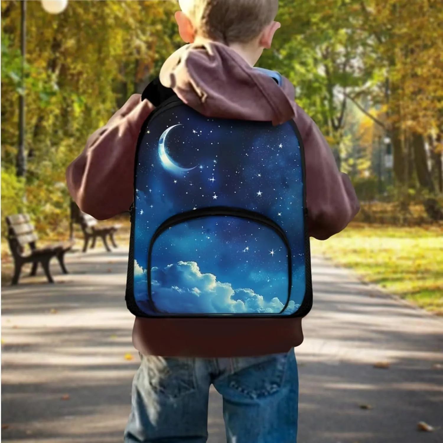 Starry Night School Bag Set for Girls Moon Printed Kids Backpack Set with Insulated Lunch Box Cute Pencil Case Cute Backpack Knapsack Travel Daypack Shoulder Bags for Toddlers