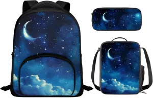 Starry Night School Bag Set for Girls Moon Printed Kids Backpack Set with Insulated Lunch Box Cute Pencil Case Cute Backpack Knapsack Travel Daypack Shoulder Bags for Toddlers