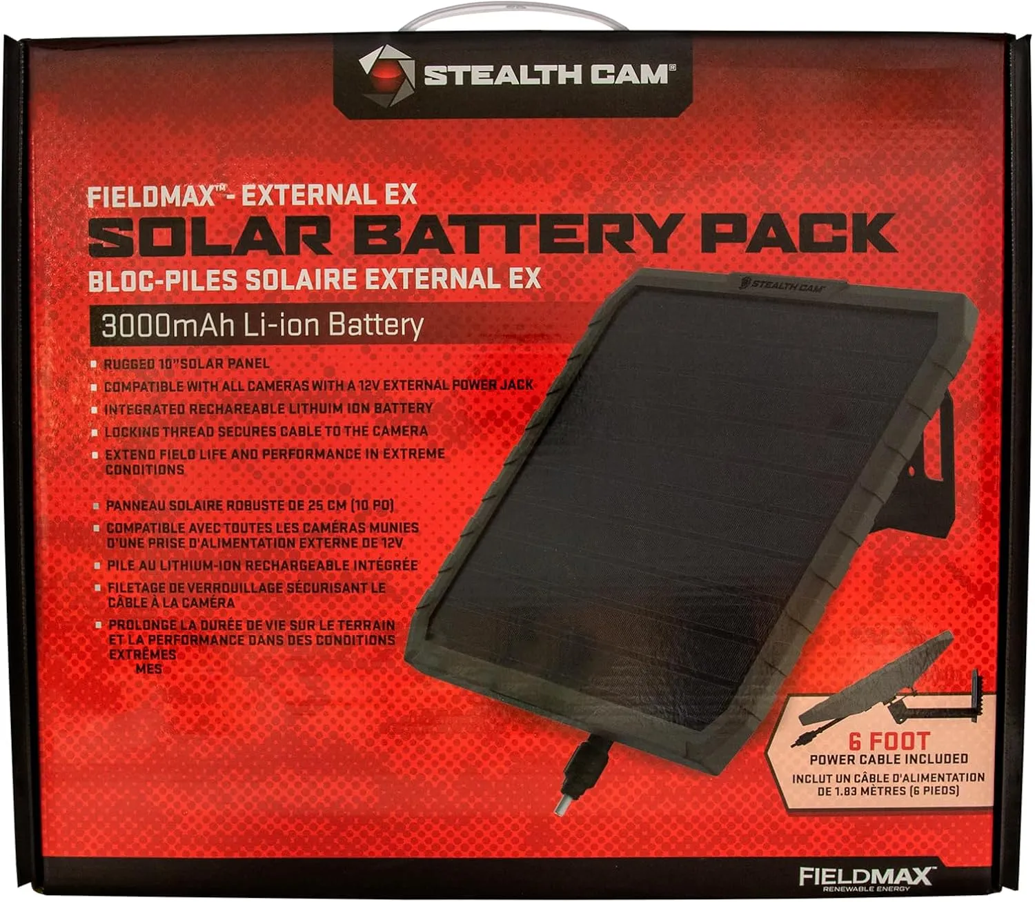 Stealth CAM FieldMAX External EX Solar Battery Pack, 10" Solar Panel, 3000mAh Rechargeable Battery, 6ft Insulated Power Cable, USB Cable Included, Compatible with Trail Cameras w/ 12V Battery Jack