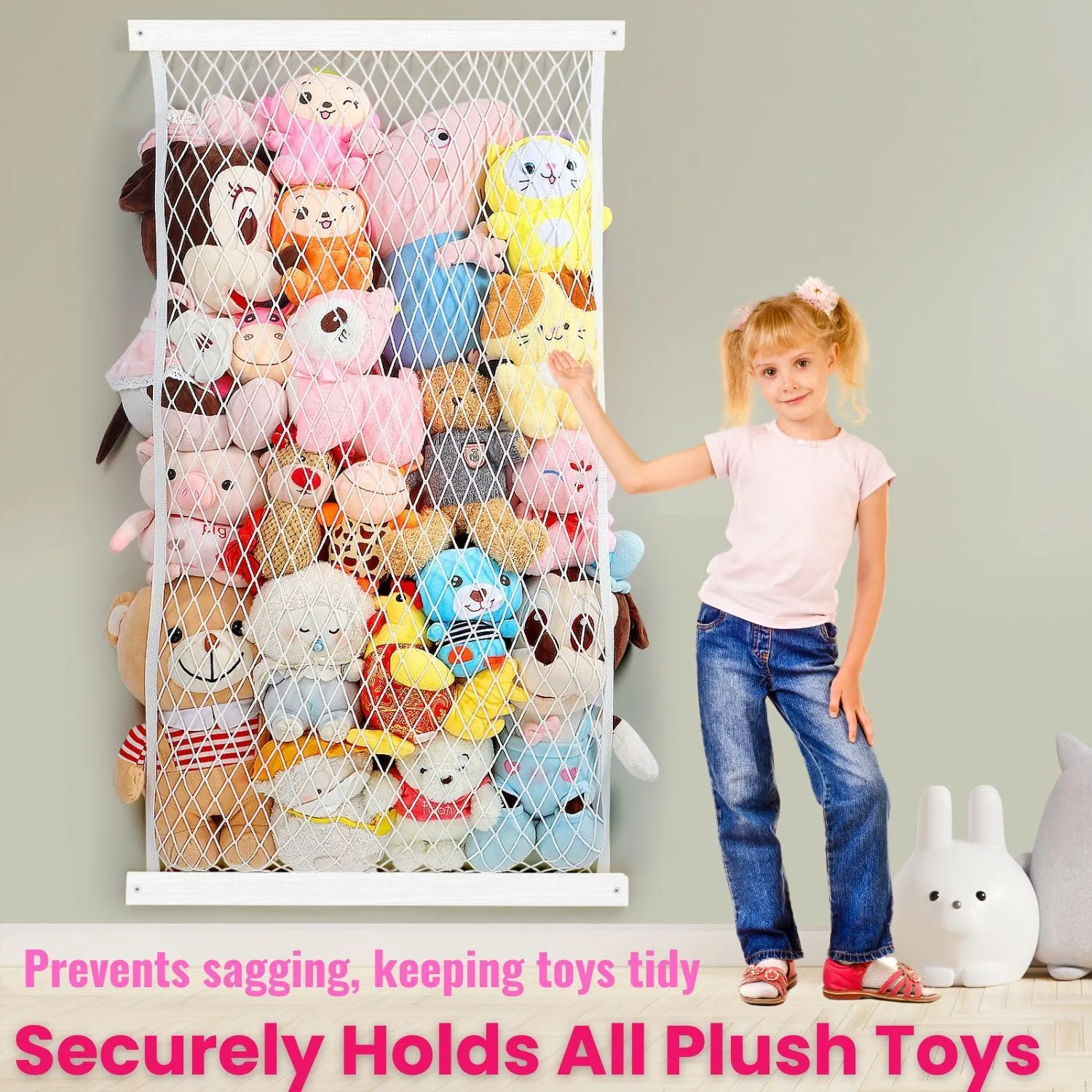 Stuffed Animal Storage Holder, Elastic Stuffed Animal Net,Door/ Wall Mount Length Adjustable Hanging Stuffed Animal Organizer, Plushie Net For Nursery Play Room-White Boards Patent