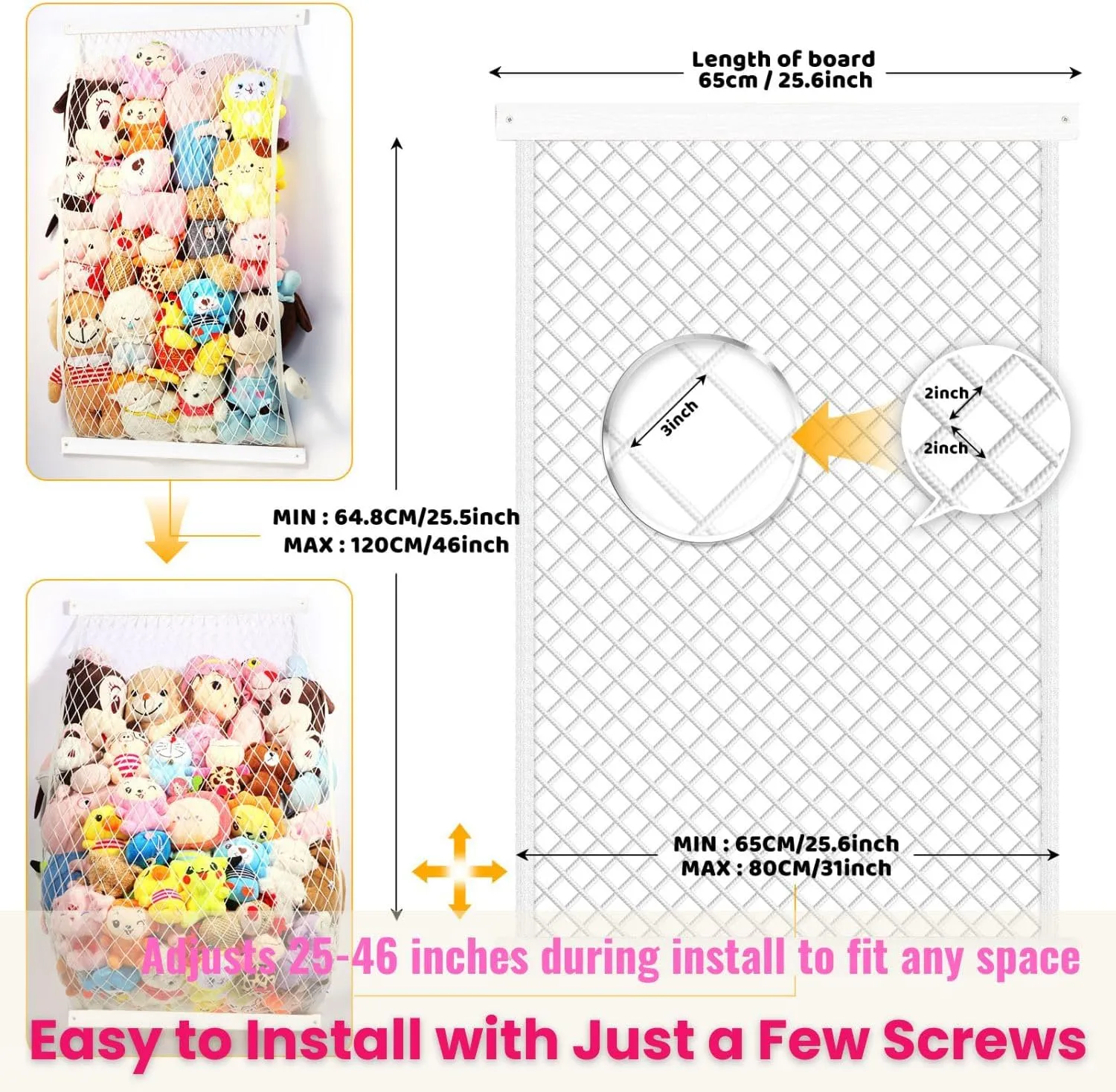 Stuffed Animal Storage Holder, Elastic Stuffed Animal Net,Door/ Wall Mount Length Adjustable Hanging Stuffed Animal Organizer, Plushie Net For Nursery Play Room-White Boards Patent