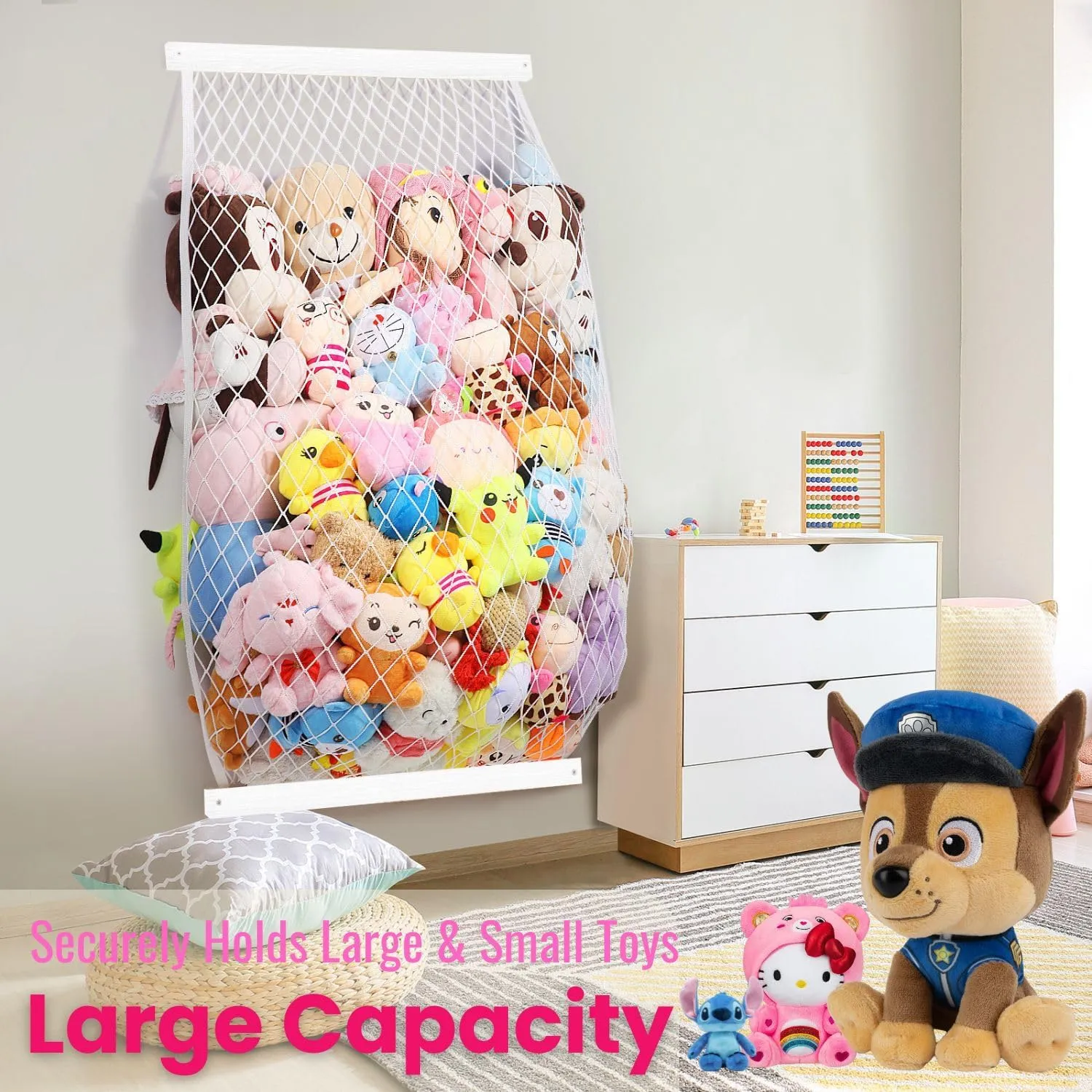 Stuffed Animal Storage Holder, Elastic Stuffed Animal Net,Door/ Wall Mount Length Adjustable Hanging Stuffed Animal Organizer, Plushie Net For Nursery Play Room-White Boards Patent