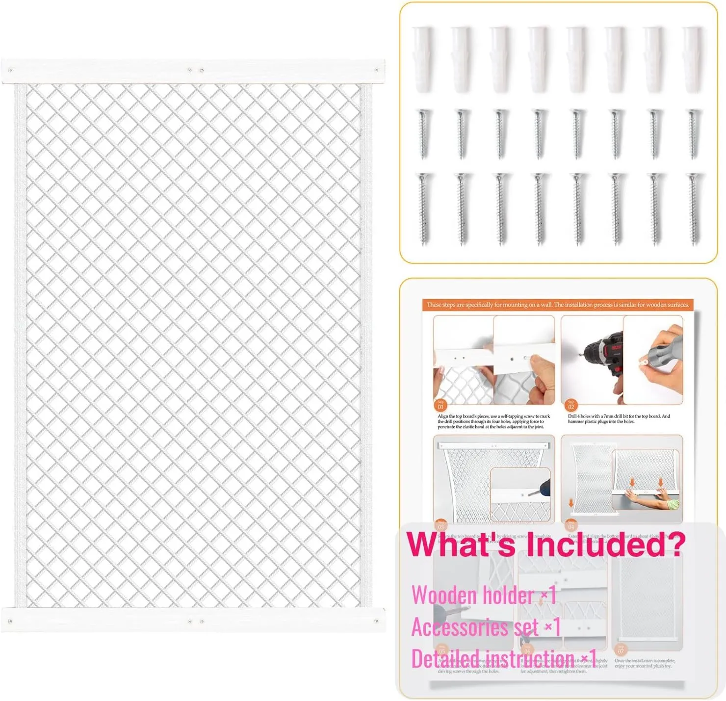 Stuffed Animal Storage Holder, Elastic Stuffed Animal Net,Door/ Wall Mount Length Adjustable Hanging Stuffed Animal Organizer, Plushie Net For Nursery Play Room-White Boards Patent