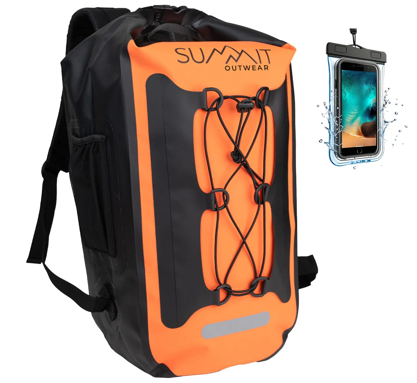 Summit Outwear Waterproof Backpack, Dry Bag Backpack for Men and Women with Roll Top Closure, Cushioned Back Panel, Large Dry Sack With Water Bottle Pocket 25 Liters (Orange)