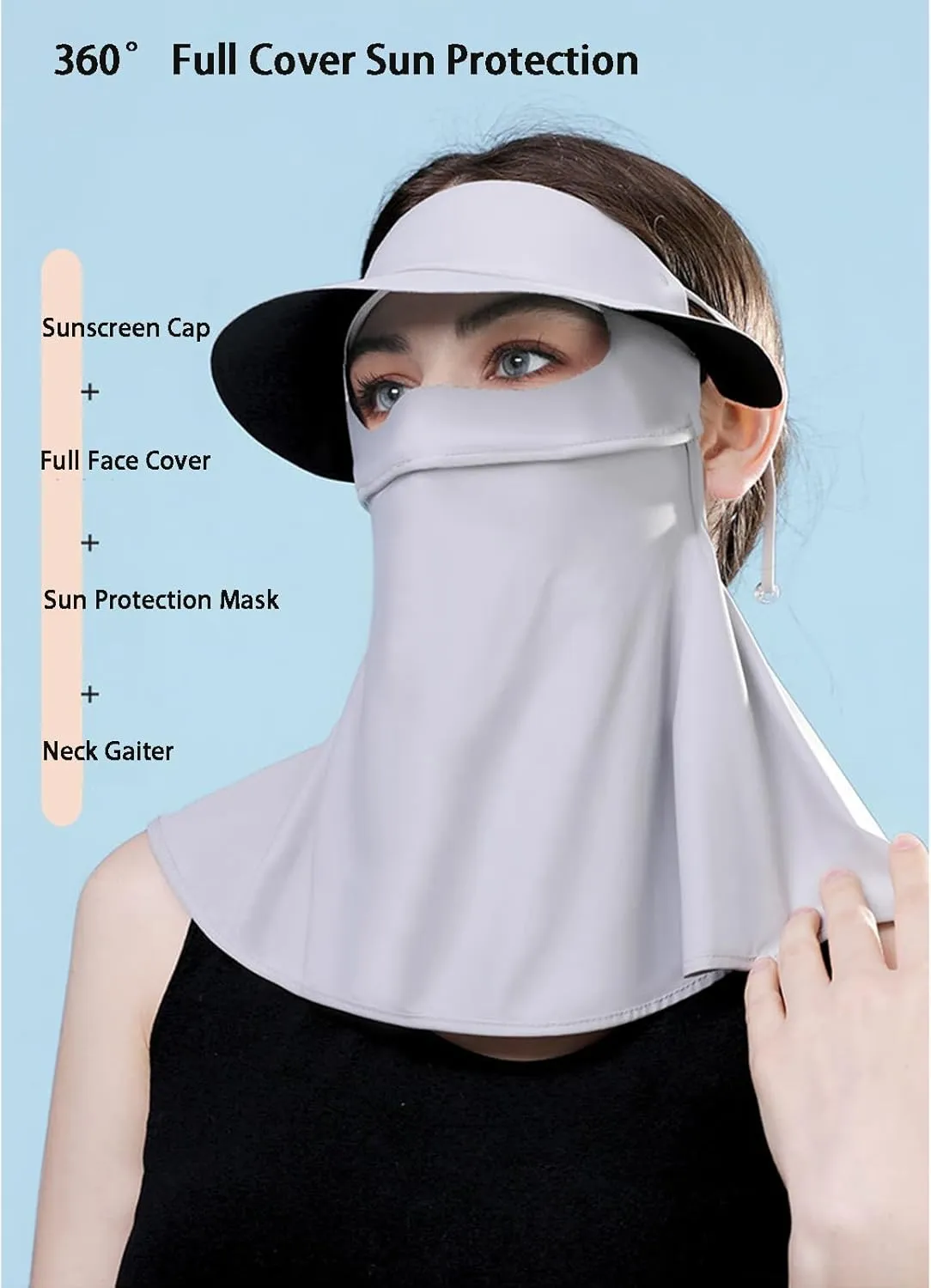 Sun Protection Face Mask, Ice Silk Full Face Cover, Cooling Neck Gaiter, Sun Protection Cap with Earloop for Summer