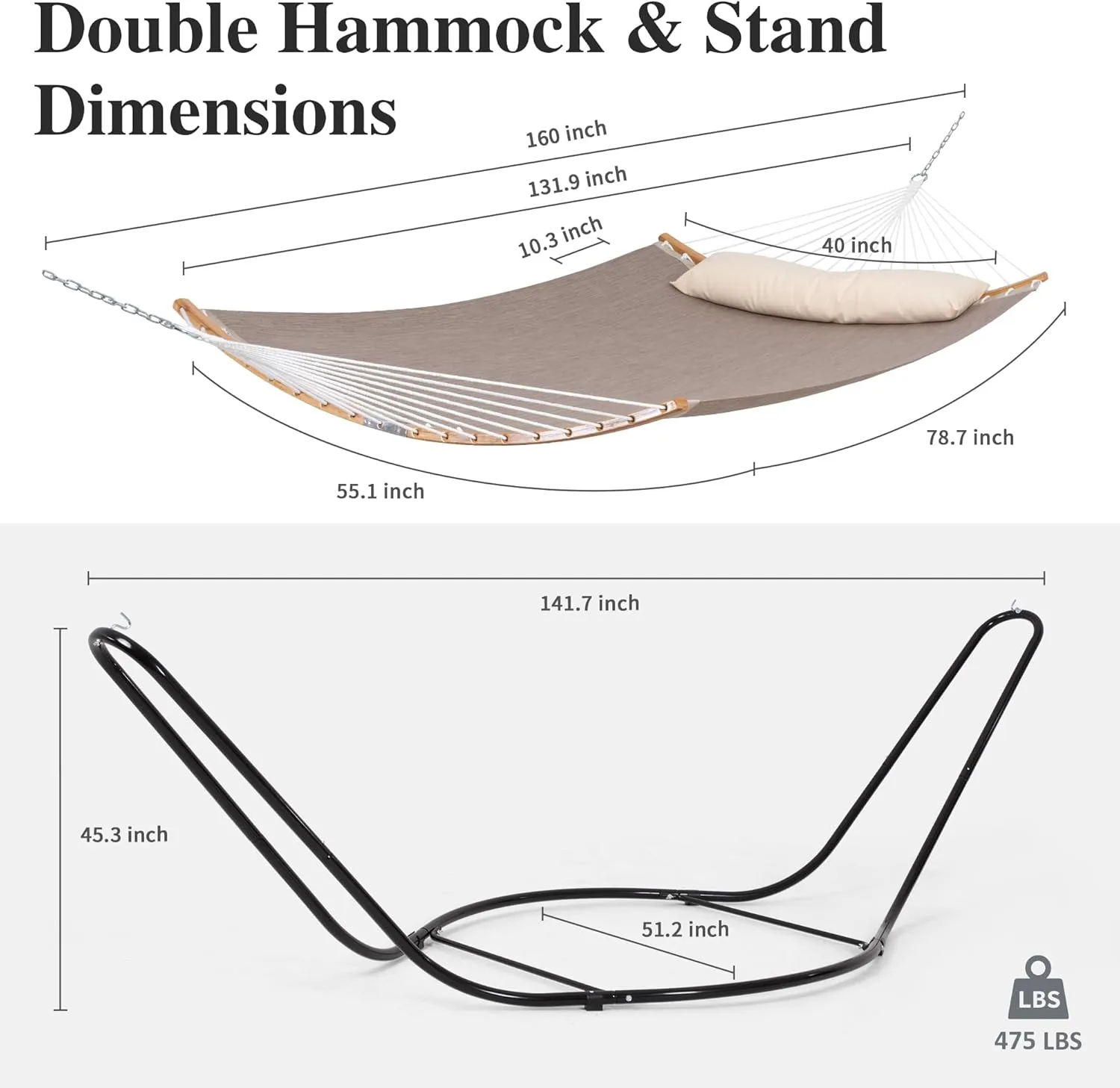 SUNCREAT Double Hammock with Curved Spreader Bar, Hammock with Stand Included 2 Person, Patent Pending, Coffee